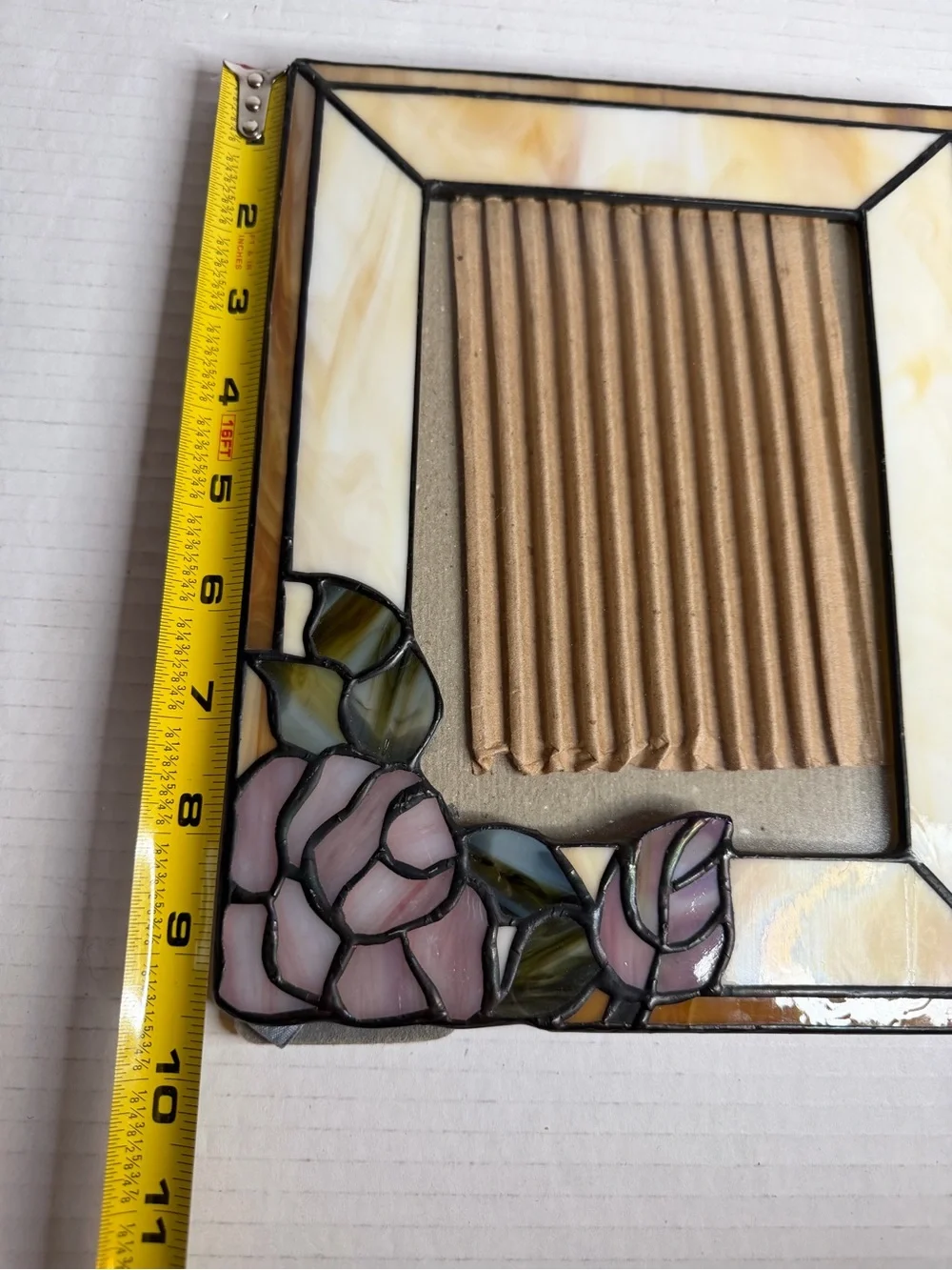 Stained Glass Metal Frame Picture Photo 5x7” Frame Pink Rose Leaves